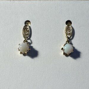 Round Opal with Gold Filagree Stud Pierced Earrings